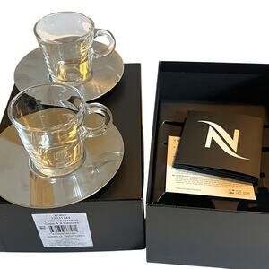 Nespresso View Atelier Espresso Glass Cup Set 2 Cups 2 Stainless Steel Saucers